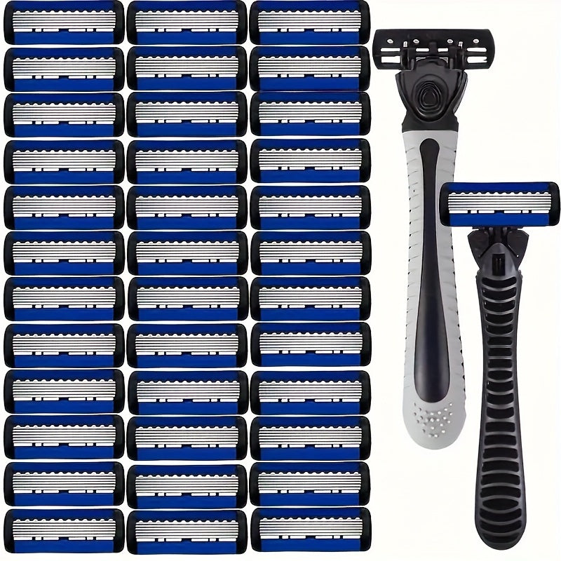 Men's 6-Layer Manual Razor Set with Non-Slip Metal Handle, Multiple Replacement Blades - Ideal for Beard and Mustache Trimming, Men's Grooming Kit|Sleek Razor Design|Durable Shaver Set, Beard Grooming Kit