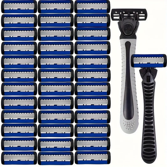 Men's 6-Layer Manual Razor Set with Non-Slip Metal Handle, Multiple Replacement Blades - Ideal for Beard and Mustache Trimming, Men's Grooming Kit|Sleek Razor Design|Durable Shaver Set, Beard Grooming Kit