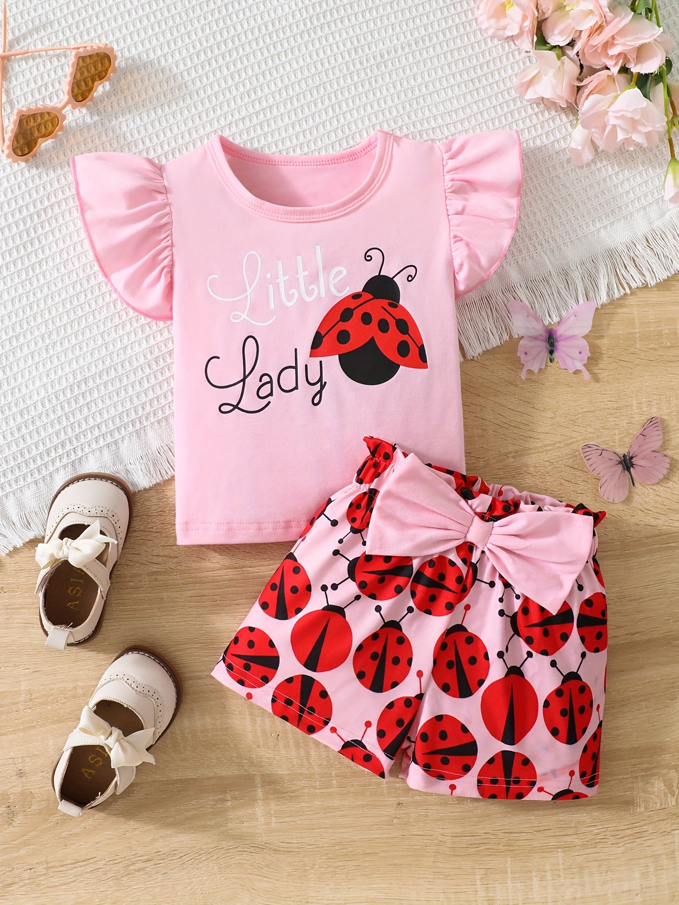 Baby Girl's Ruffle Trim Sleeve Cute Graphic T-shirt & Bowknot Ladybug Pattern Shorts Outdoor Set, Casual Summer Outfit