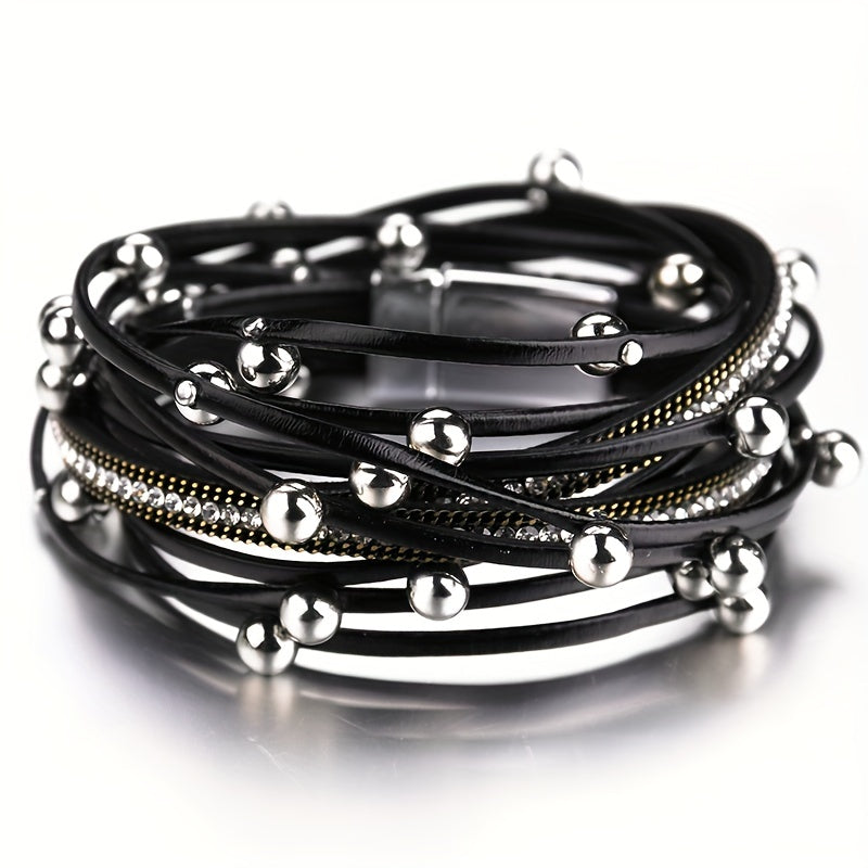 1pc Multi-Layered Faux Leather Bracelet - Black Layered Chain Design with Rhinestones Accents, Double Wrap Long Bracelet for Women & Men, Everyday & Party Jewelry Gift for Anniversary, Birthday, Valentine's - Unisex cuff for Couples, Couple Bracelets, Ver