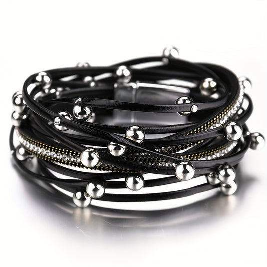 1pc Multi-Layered Faux Leather Bracelet - Black Layered Chain Design with Rhinestones Accents, Double Wrap Long Bracelet for Women & Men, Everyday & Party Jewelry Gift for Anniversary, Birthday, Valentine's - Unisex cuff for Couples, Couple Bracelets, Ver