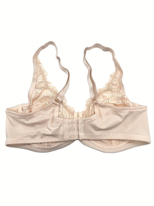Plus Size Sexy Bra, Women's Plus Contrast Lace Underwire Full Cover Mini Bow Light Bra