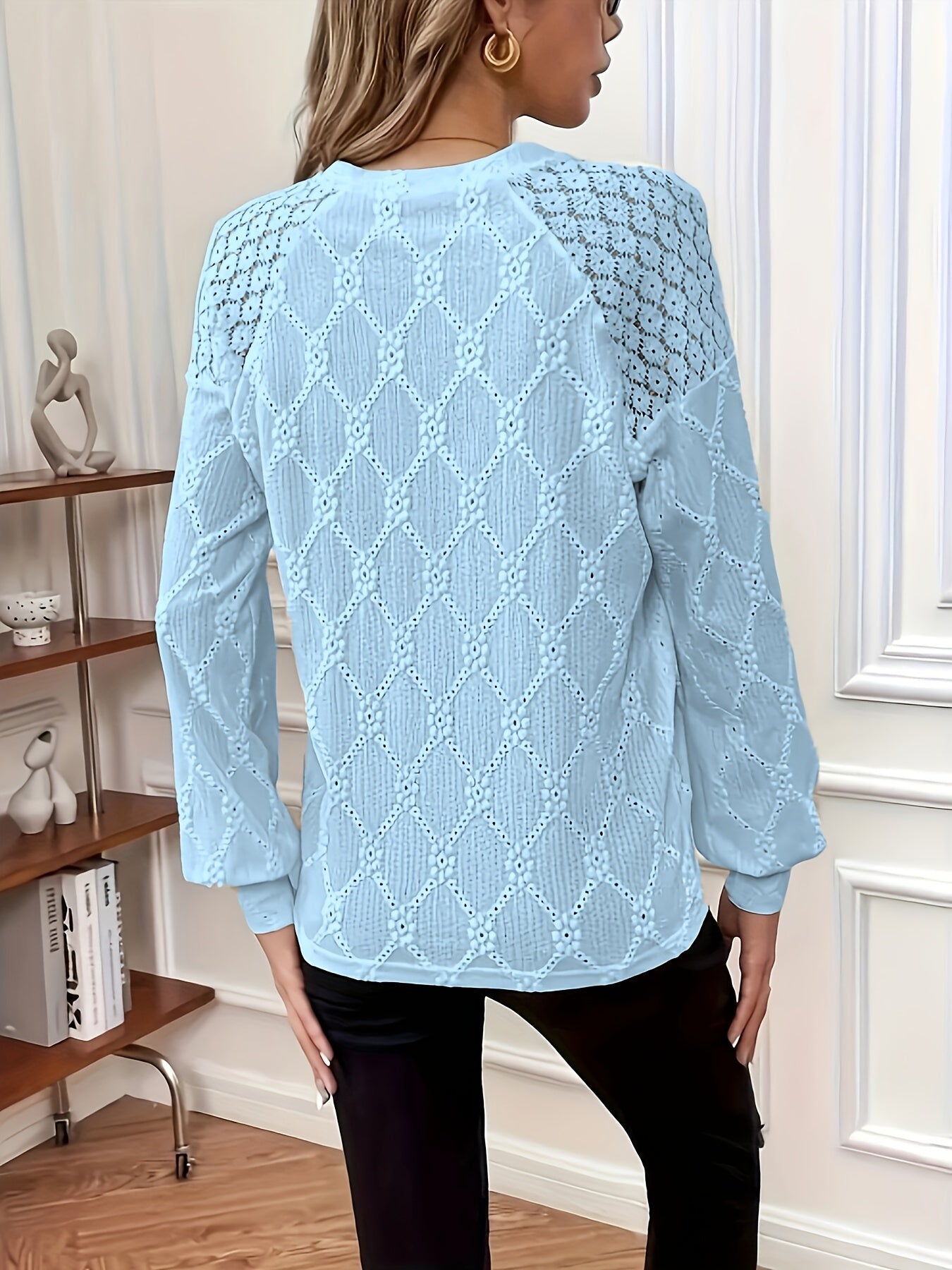Solid Lace Stitching Eyelet Top, Elegant Lantern Sleeve Crew Neck Top, Women's Clothing