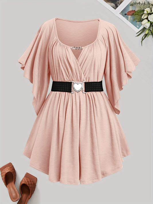 Women's Plus Size Elegant Metal Heart Belted T-Shirt - 100% Polyester Casual Chic Short Sleeve Top with Ruching Detail, Round Neck & All-Season Comfort
