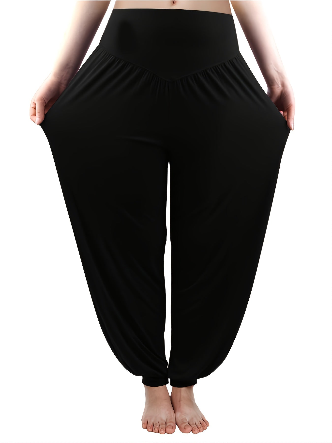 Women's Plus Size Bright Yellow Harem Pants - Casual Stretch Polyester, Ruched Waist, Comfort Fit for Casual Attire, Spring Autumn Pants|Flowing Fashion Pants|Glossy Fabric Pants