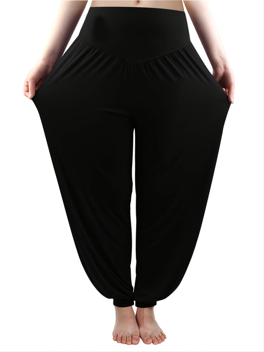 Women's Plus Size Bright Yellow Harem Pants - Casual Stretch Polyester, Ruched Waist, Comfort Fit for Casual Attire, Spring Autumn Pants|Flowing Fashion Pants|Glossy Fabric Pants