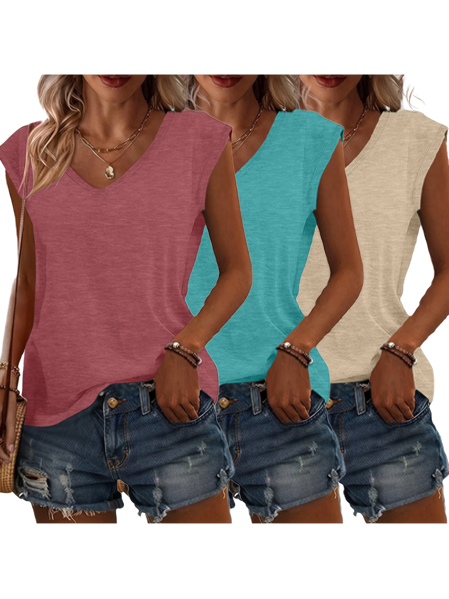 3pcs Spring/Summer New Solid Color No-Print V Neck Loose Casual Tops, Comfortable Fashion Machine Wash - Suitable for Daily and Home Use