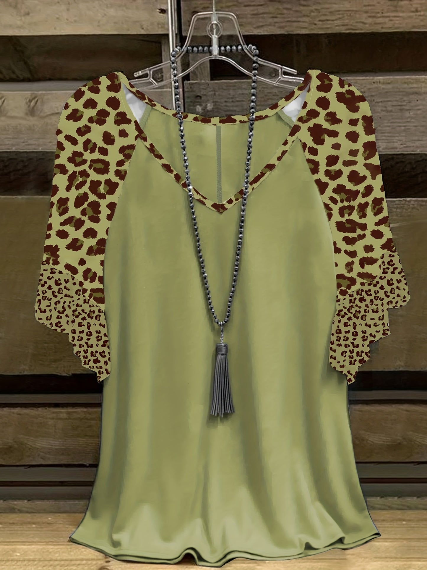 Plus Size, Plus Size Leopard Print Flounce Hem Women's Short Sleeve Spliced T-Shirt