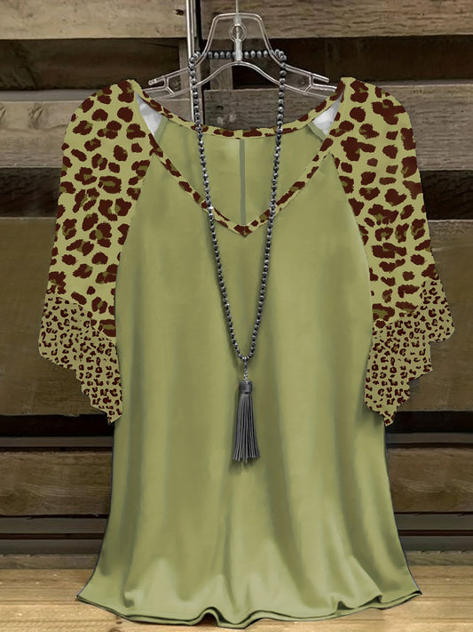 Plus Size, Plus Size Leopard Print Flounce Hem Women's Short Sleeve Spliced T-Shirt