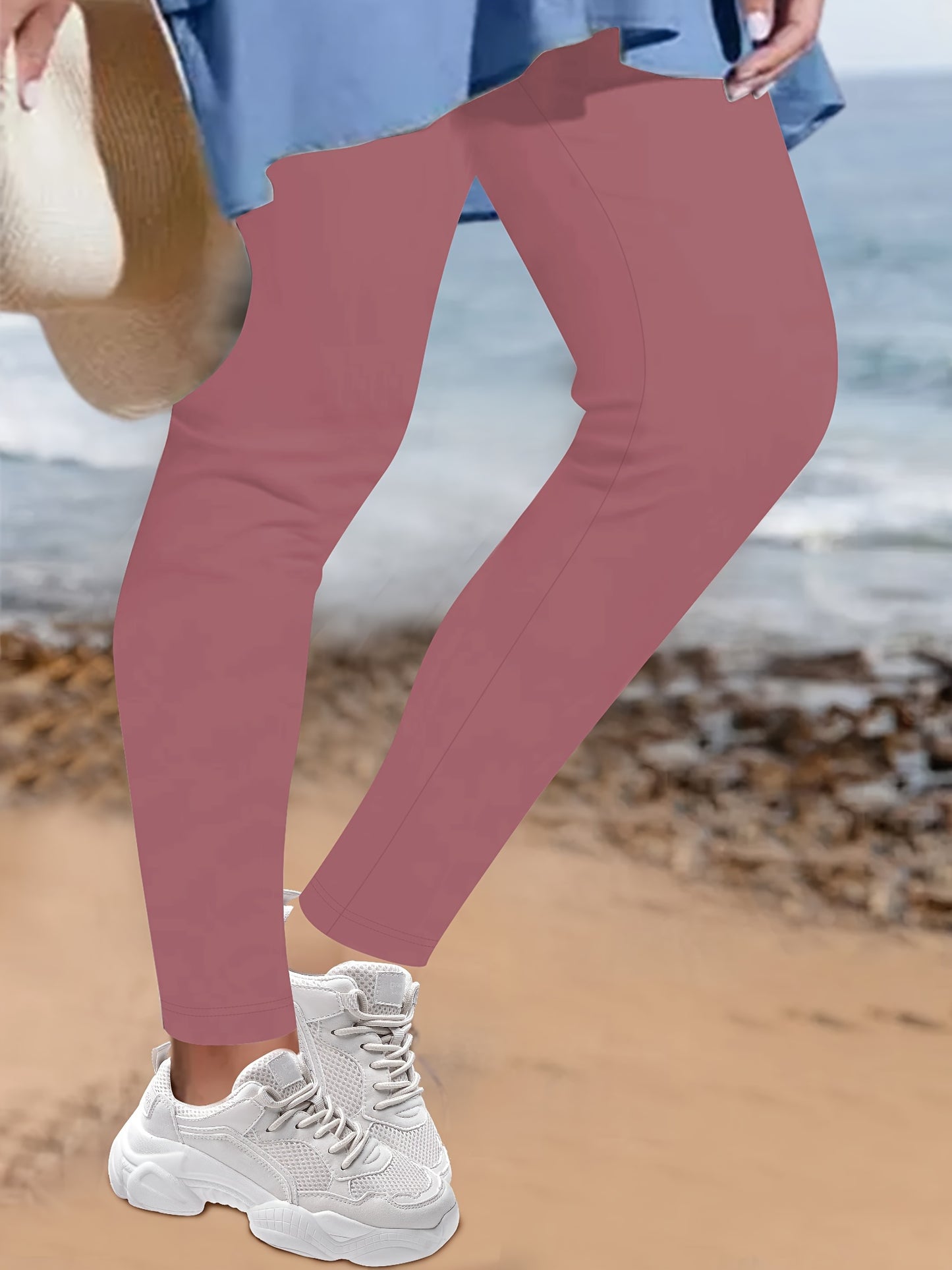 Plus Size Casual Pants, Women's Plus Solid Elastic High Rise High Stretch Skinny Trousers