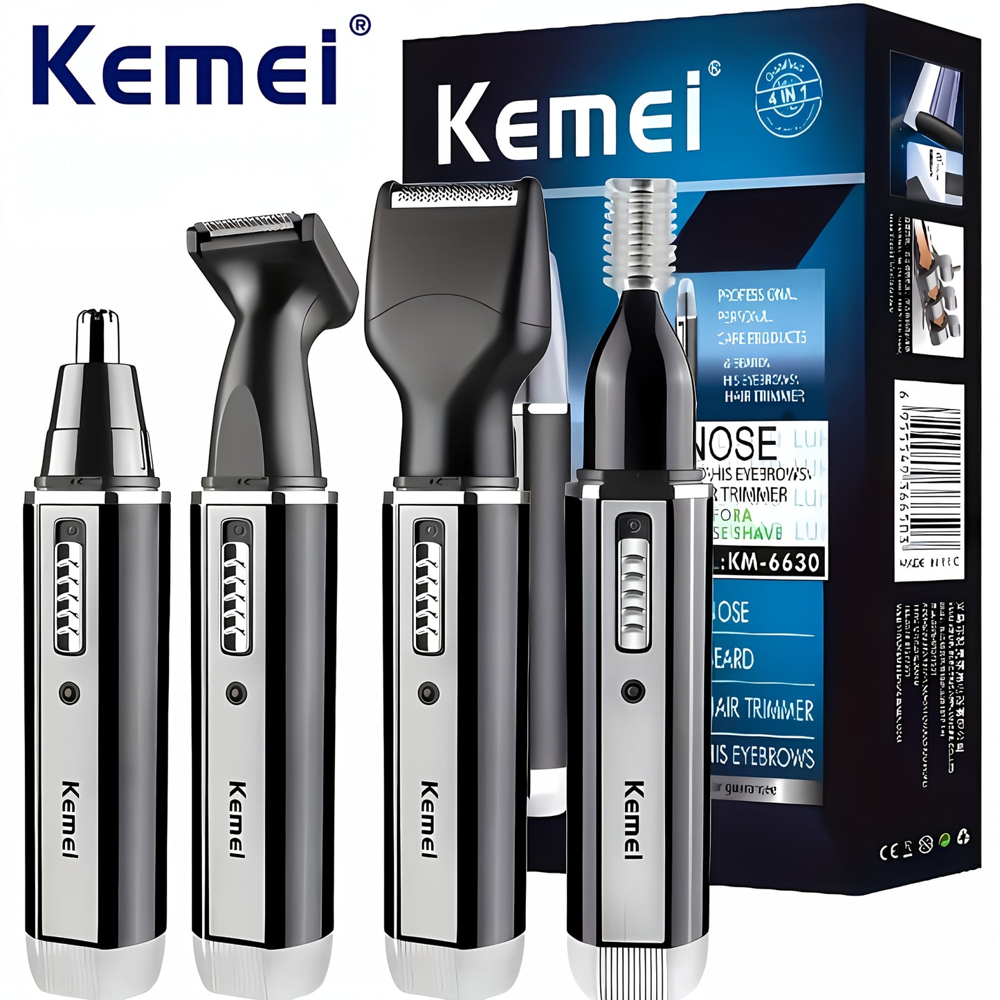 Kemei 4-in-1 Professional Grooming Kit, USB Rechargeable Nose & Ear Hair Trimmer, Beard and Eyebrow Razor, Men'S Personal Care Tools with Nickel Battery, ≤36V Operating Voltage