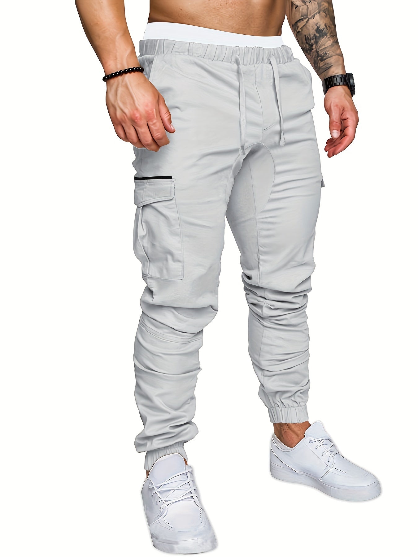 Men'S Casual Cargo Pants, Cotton Blend (95% Cotton, 5% Polyester), Solid Color, Non-Stretch Fabric, Woven, Regular Fit, Drawstring Waist, Belt Closure, Cropped Length, Suitable for Spring/Fall Season