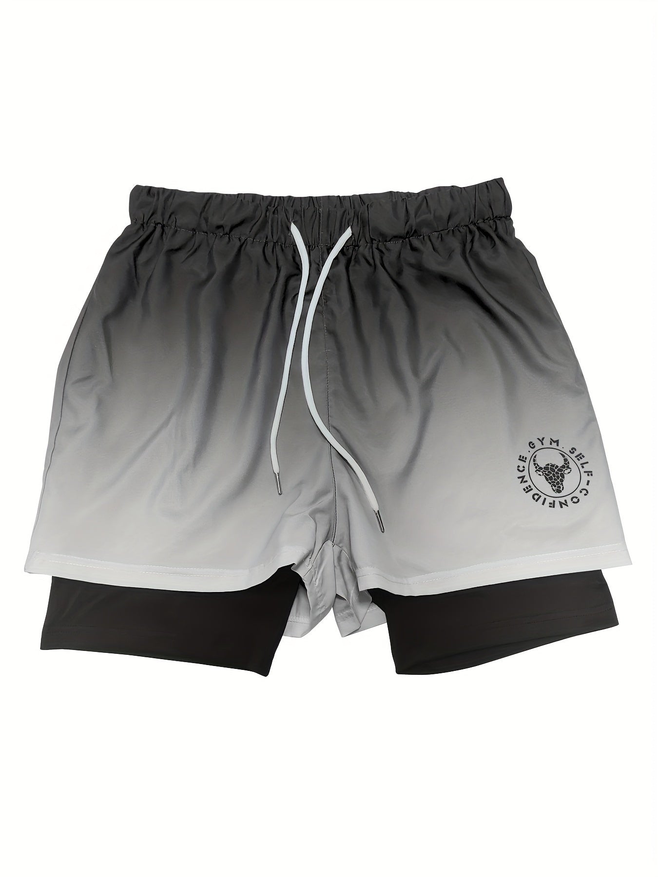 Men's Gradient Athletic Shorts - Summer Outdoor Sports, Adjustable Drawstring Waist, Breathable Mesh Lining, Black to Gray with "NO Fear NO Limits" Design, Comfortable for Active Wear