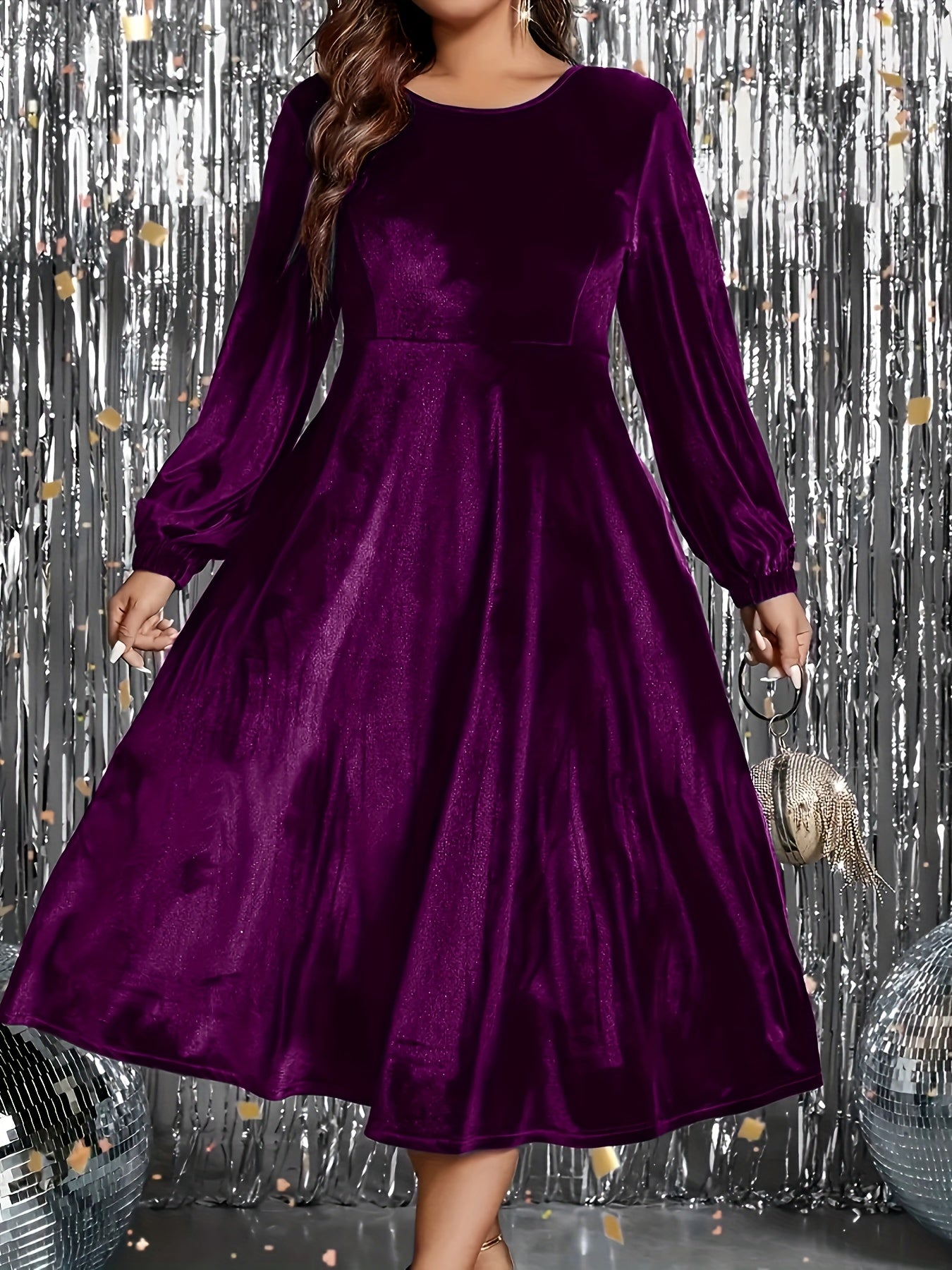 Elegant Plus Size Long Sleeve Midi Dress with Lantern Sleeves and Flared Skirt - Non-Stretch, Machine Washable Velvet, Perfect for Formal Events, Parties, and Casual Outings, Plus Size Dress