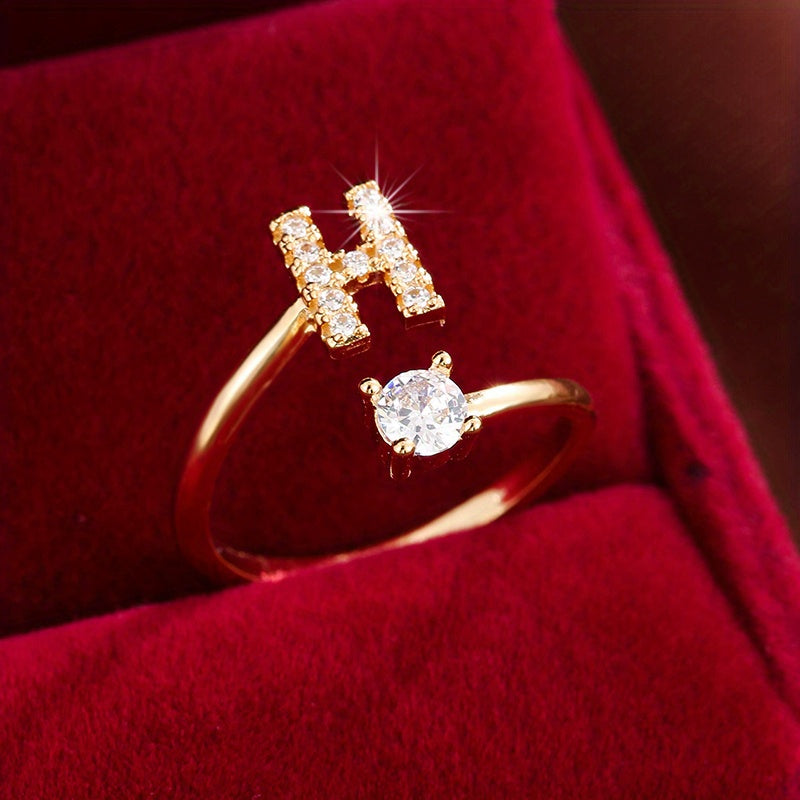 Fashionable 26 English Letters Four-Prong Synthetic Synthetic Zirconia Open Adjustment Ring