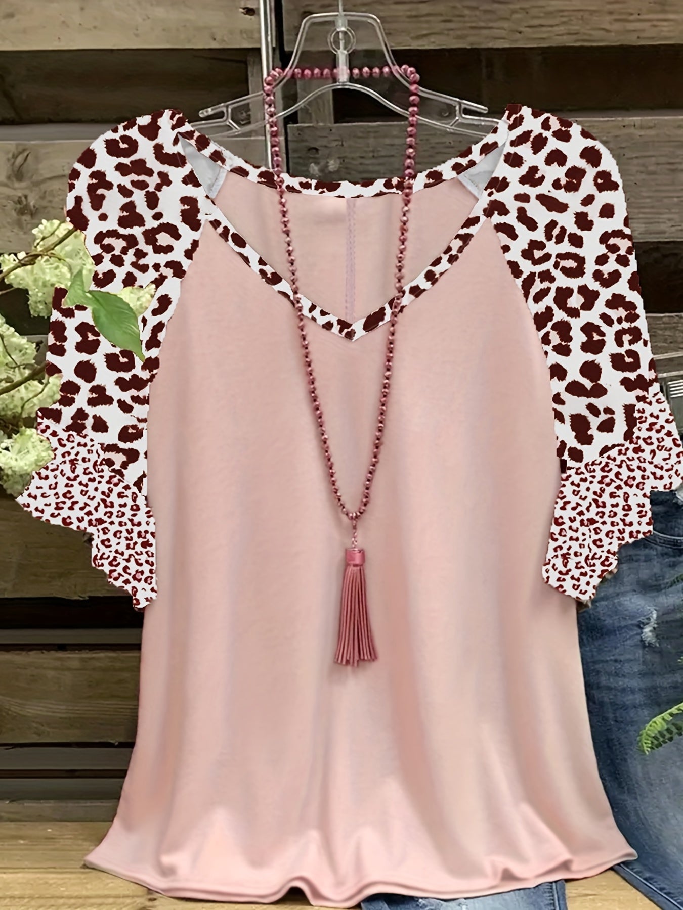 Plus Size, Plus Size Leopard Print Flounce Hem Women's Short Sleeve Spliced T-Shirt