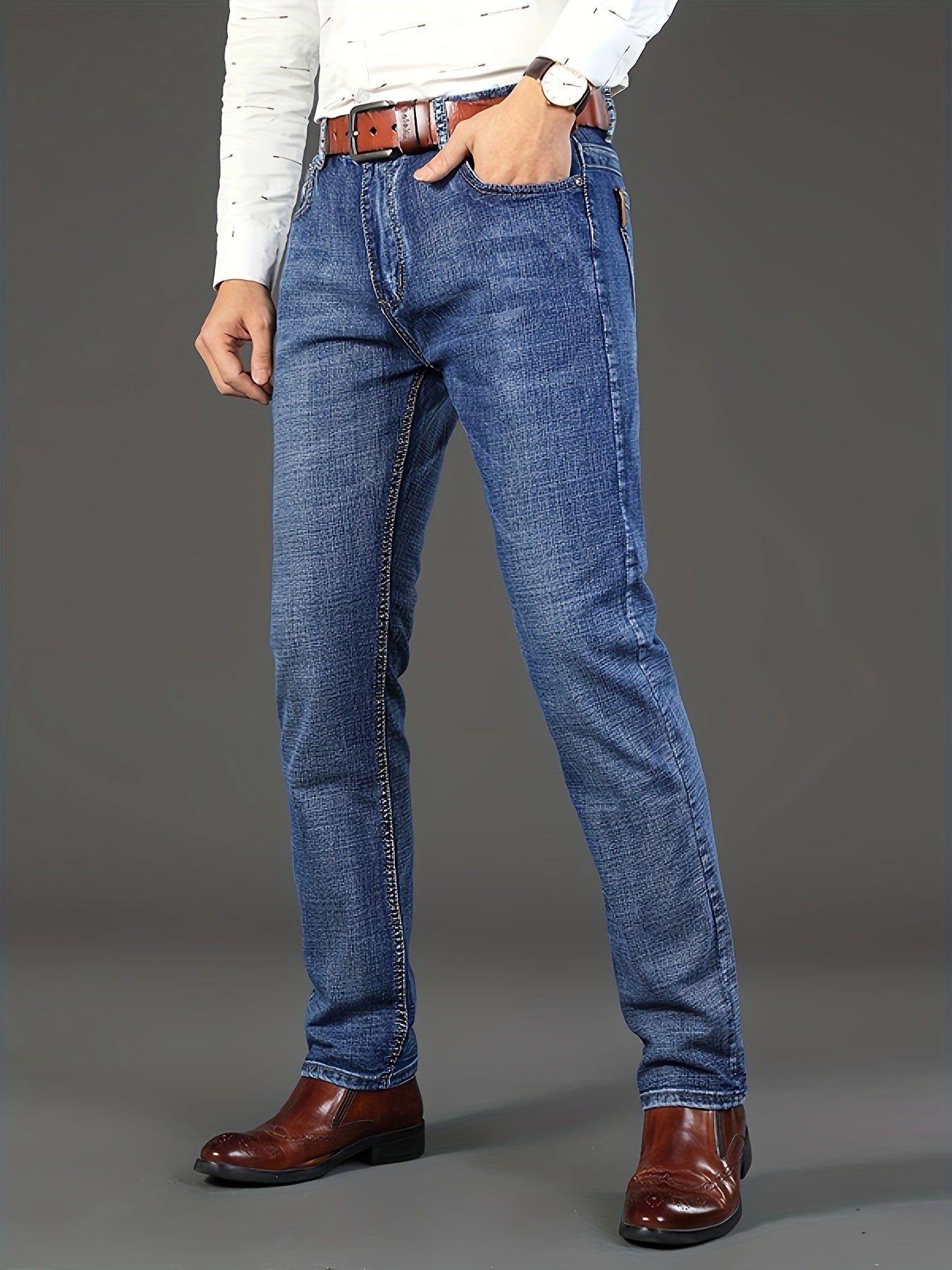 Men'S High-Waist Straight-Leg Jeans - Lightweight, Stretch Denim, Button Closure, Regular Fit, Solid Color, Versatile for Business & Casual Wear, Business Casual Pants | Modern Straightleg Pants | Comfortable Wear