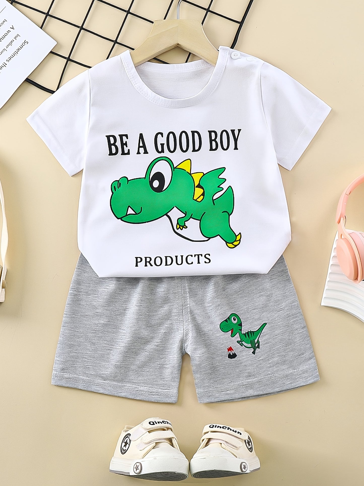 Boys Cartoon Off-road Truck "Ride Like The Wind" Casual Outfit Round Neck T-shirt & Shorts For Summer Boys Clothes