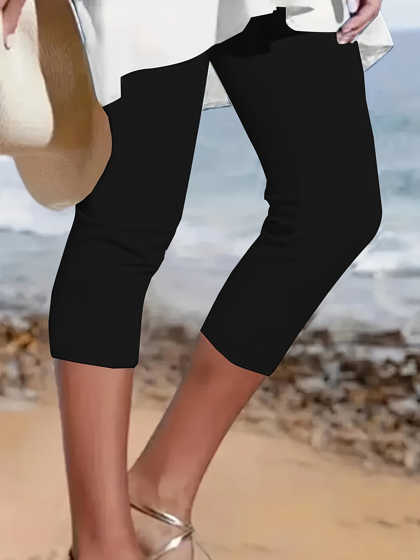 Plus Size Solid Skinny Capris Leggings, Casual Crop Leggings For Spring & Summer, Women's Plus Size Clothing