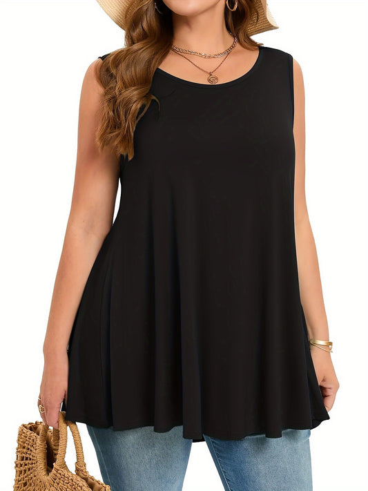 Plus Size Women's Stretchy Sleeveless Round Neck Tank Top - Solid Color Casual Vacation Wear, Machine Washable Spring/Summer Tops, Ladies Tank Tops, Summer Plus Top, Flowy Fabric Top, Nontransparent Fabric, Travel Clothing, Relaxed Fit, Breathable Materia