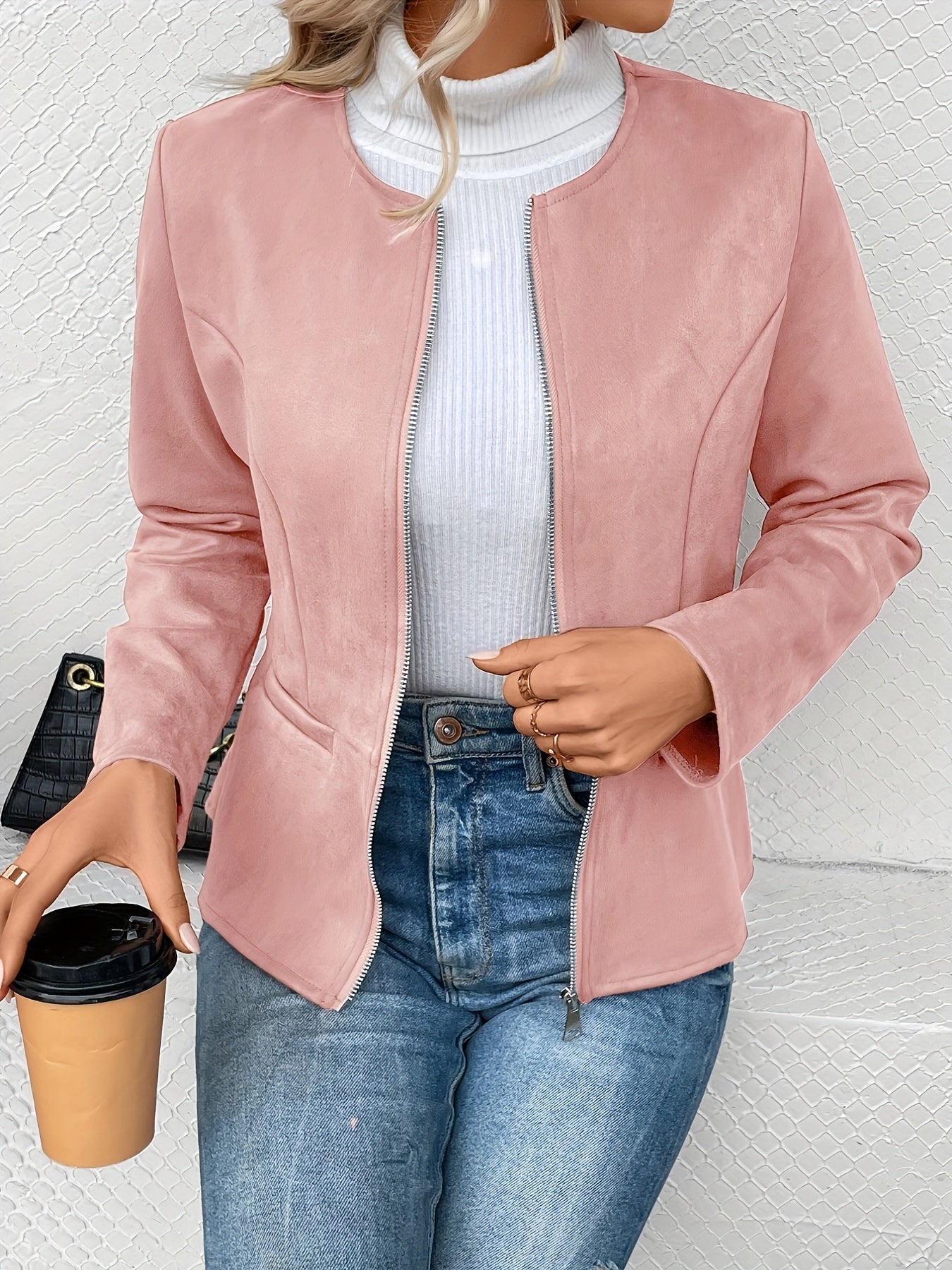 Women'S Stylish Round Neck Fitted Long Sleeve Cardigan with a Short Zip-Up Jacket.