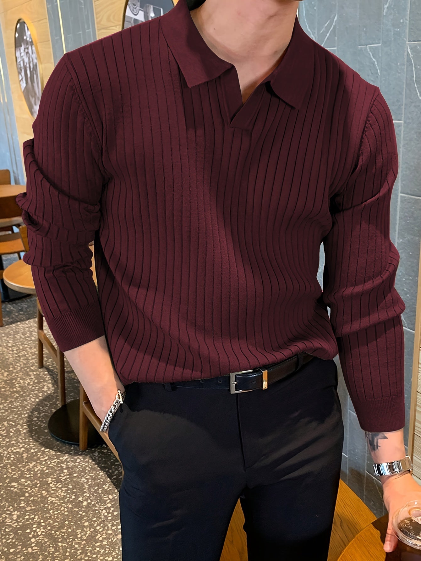 Men's Casual Solid Color Collar Knit Shirt - Stretch V-Neck Long Sleeve Pullover Sweater for Autumn Winter, Regular Fit, Fall Sweaters, Medium Elasticity, Seasonal Fashion, Stylish Knitwear, Breathable Material, Casual Attire