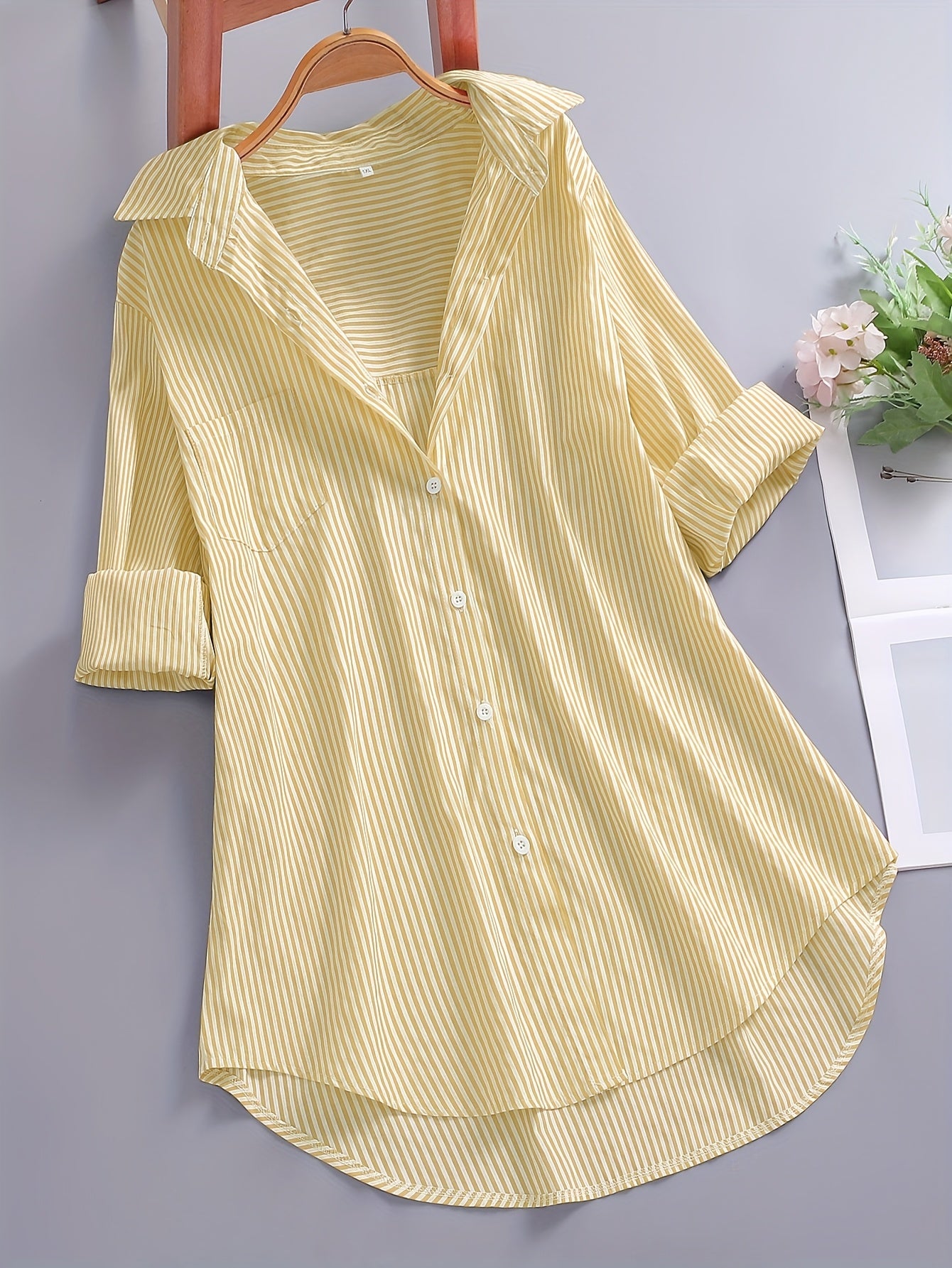 Plus Size - Women'S Plus Size Casual Striped Long Sleeve Shirt - Loose Fit Pointed Collar Button-Up Top with Vertical Stripes, Lightweight Non-Stretch Fabric for Spring Summer Fall, Versatile for Casual & Formal Wear, Seasonal Fashion, Classic Stripe Patt