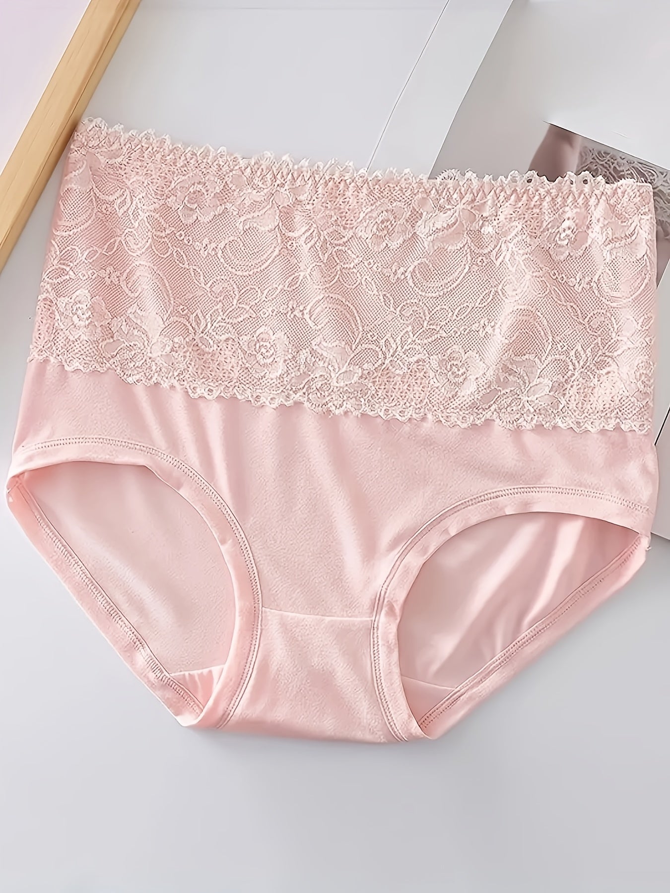 4-Pack Elegant High-Waisted Plus-Size Briefs, Nylon 90% Spandex 10% Knit Fabric with Contrast Lace Detail, Solid Color, Slight Stretch, Comfort Fit Panties