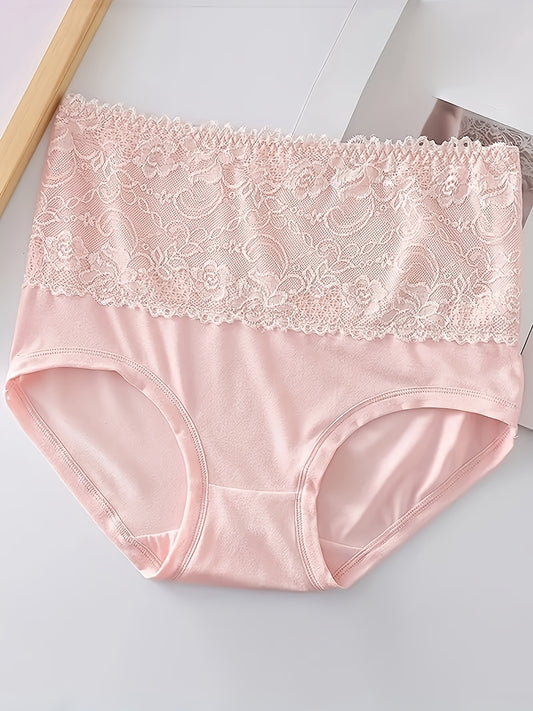 4-Pack Elegant High-Waisted Plus-Size Briefs, Nylon 90% Spandex 10% Knit Fabric with Contrast Lace Detail, Solid Color, Slight Stretch, Comfort Fit Panties