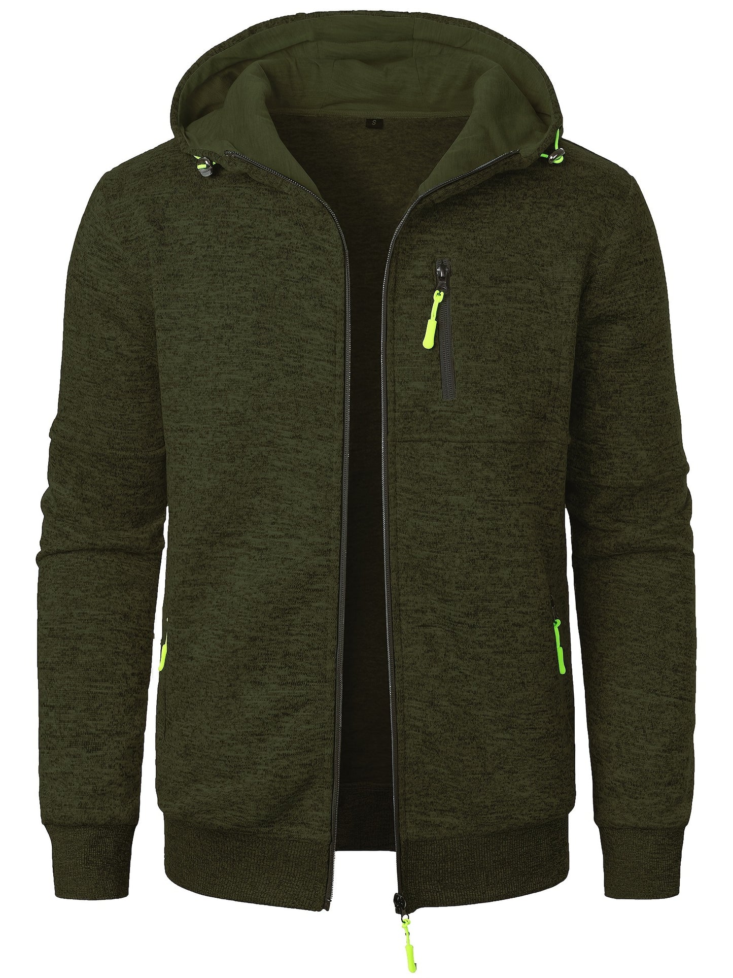 Men's Autumn Winter Casual Plush Hooded Sweater - Soft Knit Zipper Front with Neon Accents, Regular Fit Long Sleeve Pullover for Cold Weather, Sweater Hoodie, Ribbed Detailing