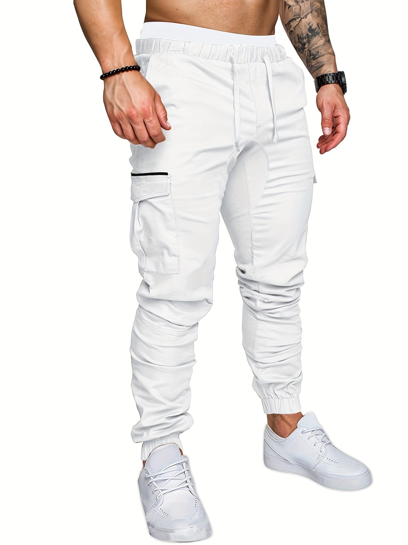 Men'S Casual Cargo Pants, Cotton Blend (95% Cotton, 5% Polyester), Solid Color, Non-Stretch Fabric, Woven, Regular Fit, Drawstring Waist, Belt Closure, Cropped Length, Suitable for Spring/Fall Season