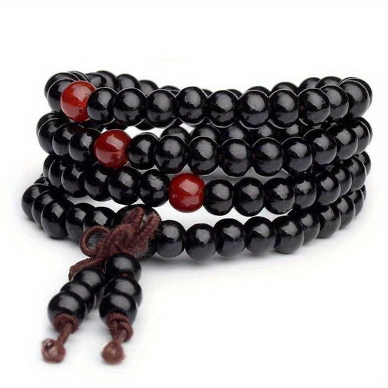 1/2pcs 108 Beads 8mm/0.31'' Natural Sandalwood Character Wood Prayer Beaded Knot Black Ebony Bracelets Bangles for Men Wooden Jewelry