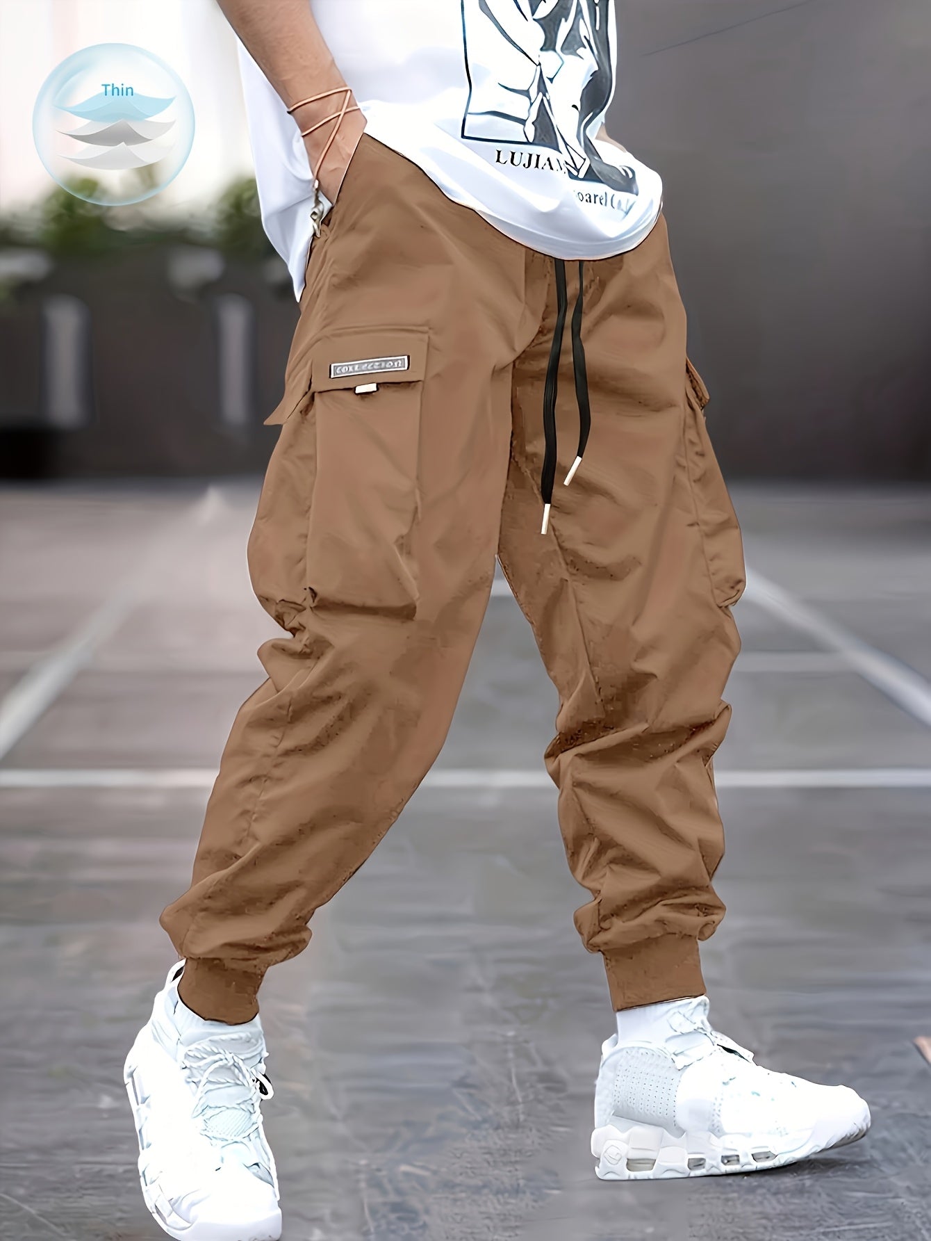 Lightweight Design| Men's Olive Green Cargo Pants - Lightweight Polyester, Casual Style with Multiple Pockets and Drawstring Waist, Perfect for Spring/Fall, Spring Fall Attire|Drawstring Waistband|Smooth Texture Fabric