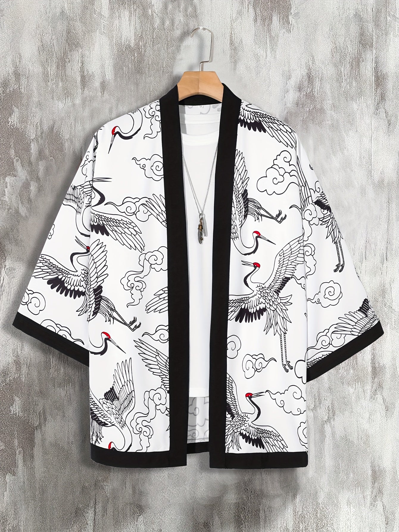 Men's Lightweight Summer Kimono Cardigan with Black & White Crane and Wave Print, 3/4 Sleeve Casual Polyester Shirt for Adults