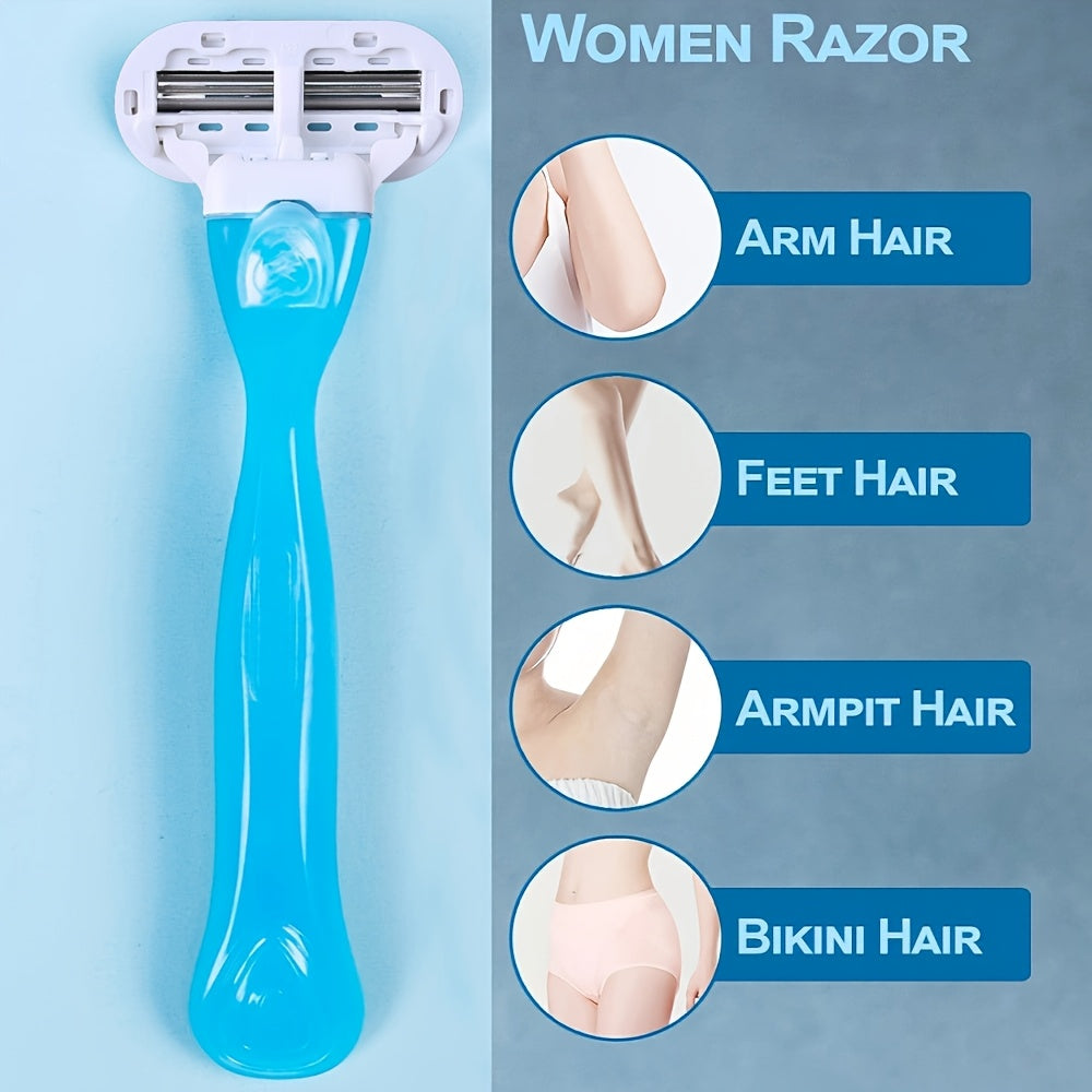 1 Handle + 8 Knife Heads / 8 Knife Heads, Women's Manual Hair Removal Shaver with 3 Layers of Stainless Steel Blades and Replaceable Safe Razor Head