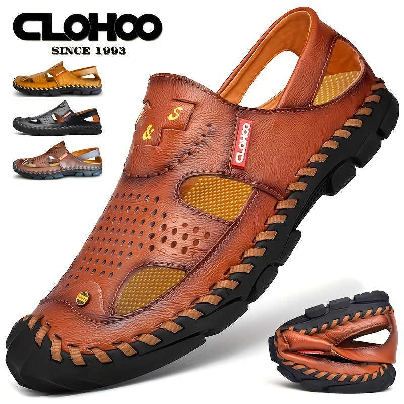 CLOHOO Men's Sandals, Durable Handmade Stitching Close Toe Non Slip Shoes For Indoor Outdoor Beach