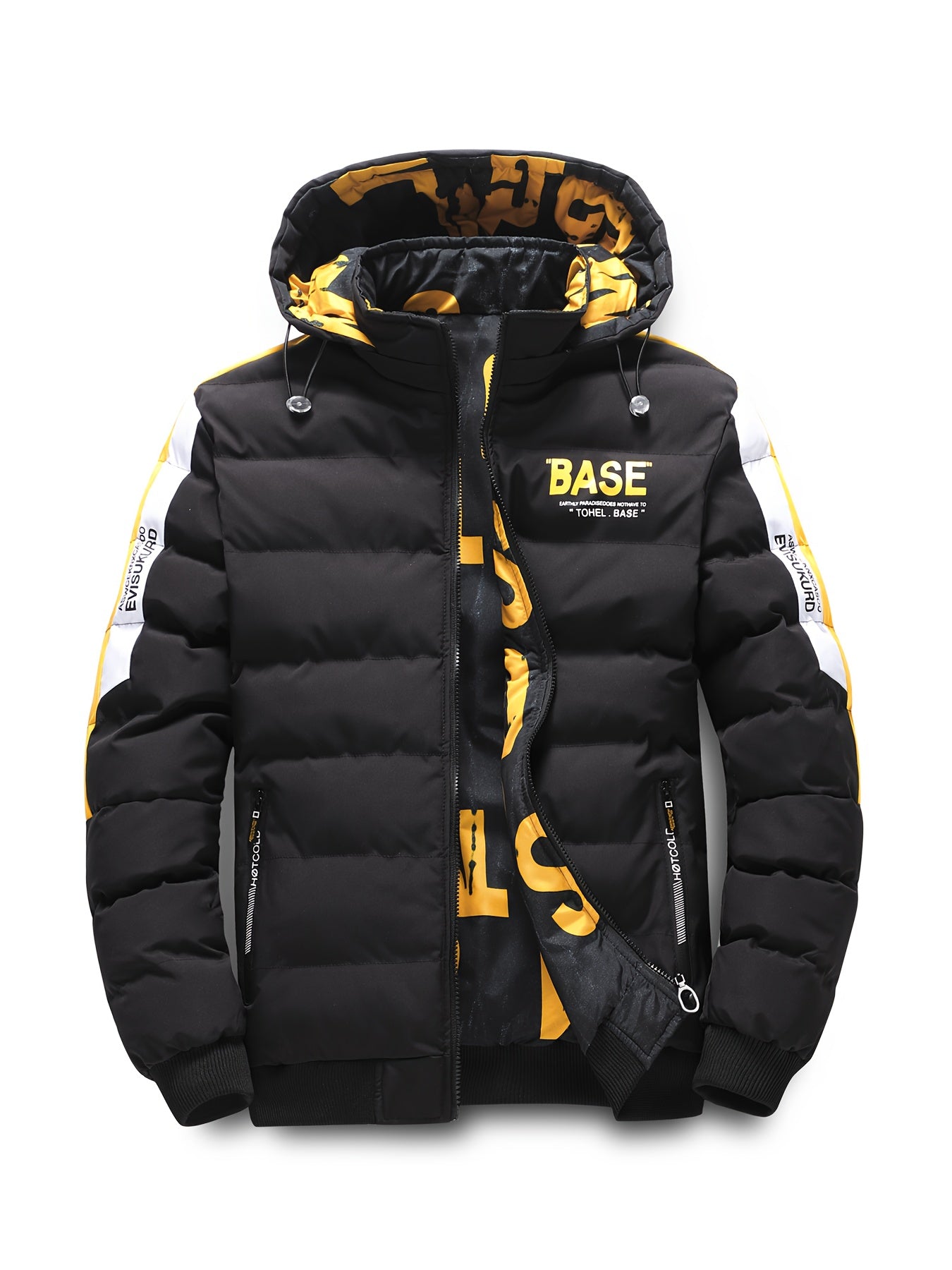 Men'S Hooded Jacket - Casual Polyester 100% Alphabet Pattern Regular Fit Winter Coat with Non-Stretch Fabric, Long Sleeve, Zipper Details & Polyester Fiber Filling
