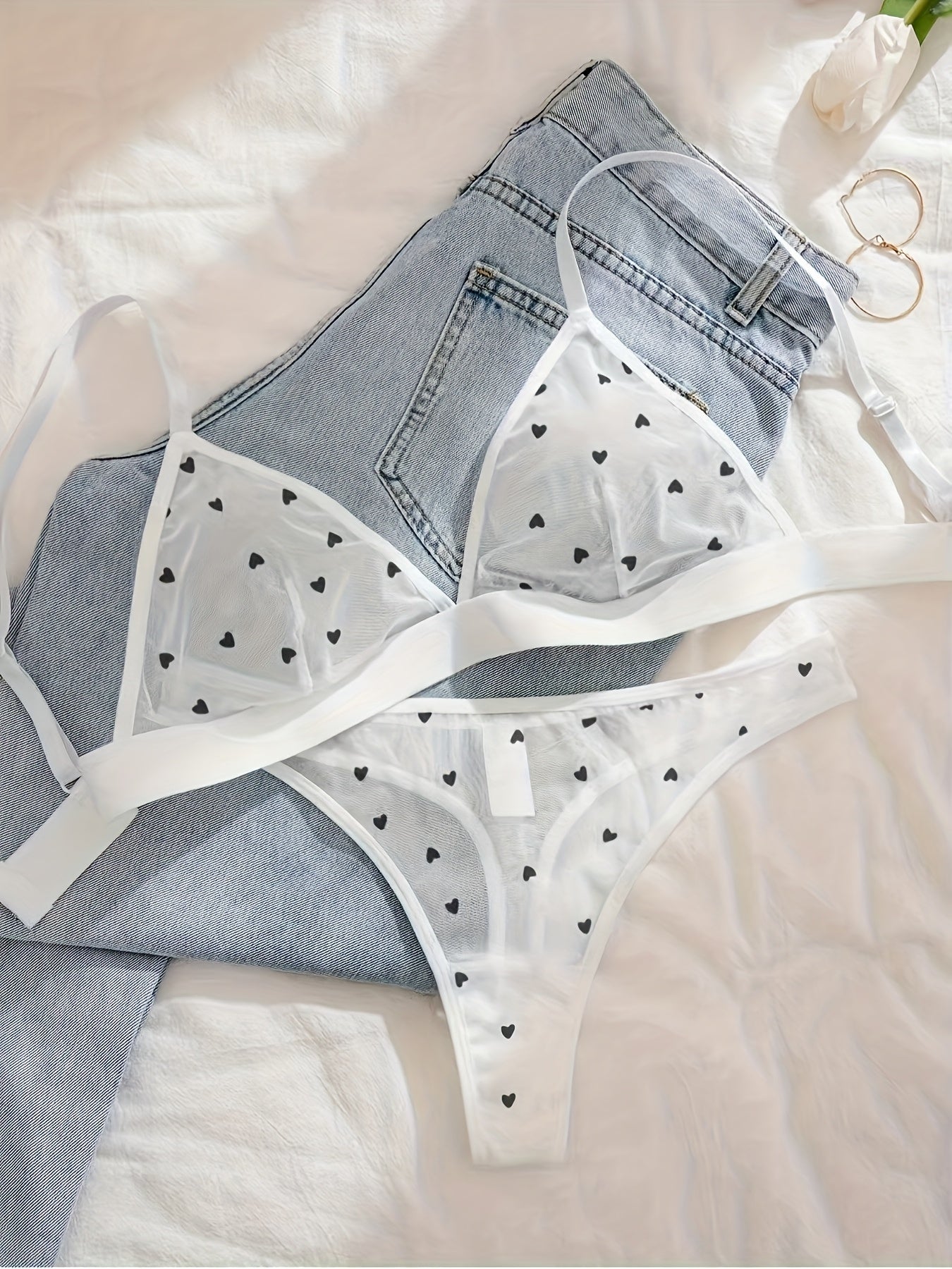2pcs Sheer Mesh Bikini Set with Floral Heart Print & Sheer Triangle Top - Women's Beachwear, Breathable Comfort Fit Matching Bottoms, Machine Washable Lingerie for Pool & Summer Outfits
