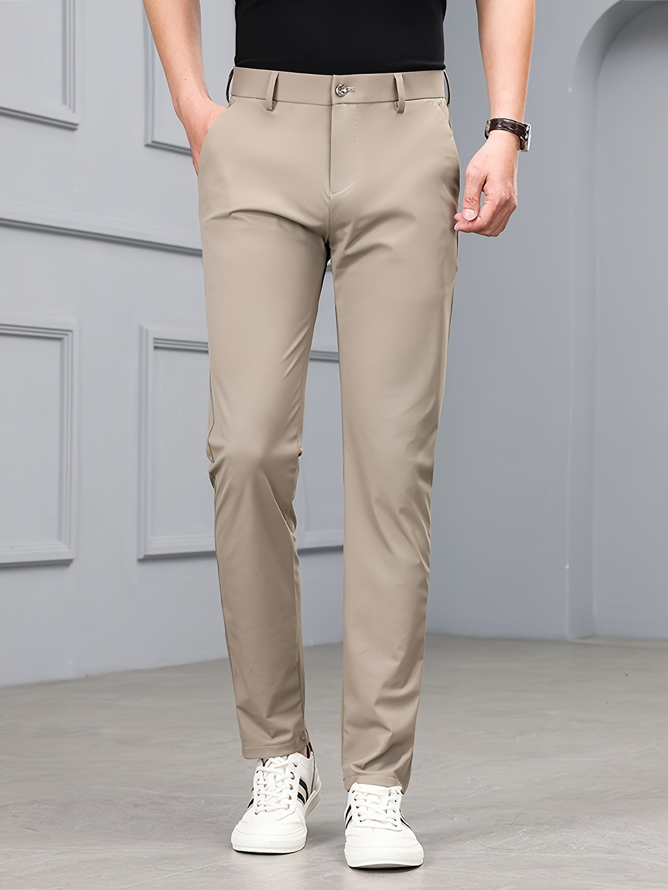 Men'S Slim-Fit Stretch Casual Pants - Mid-Rise Elastic Waistband, Solid Black, Zipper Fly & Pockets, Lightweight Summer Trousers for Casual Outings, Comfortable Leisurewear, Minimalist Design, Smooth Texture Fabric, Highelastic Material, Relaxed Fit, Mode