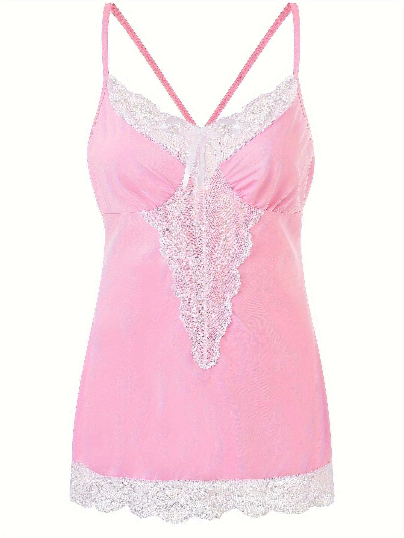 Plus Size Sexy Nightdress, Women's Plus Comfort Soft Contrast Lace Criss Cross Back V Neck Cami Sleep Dress With Free Underwear