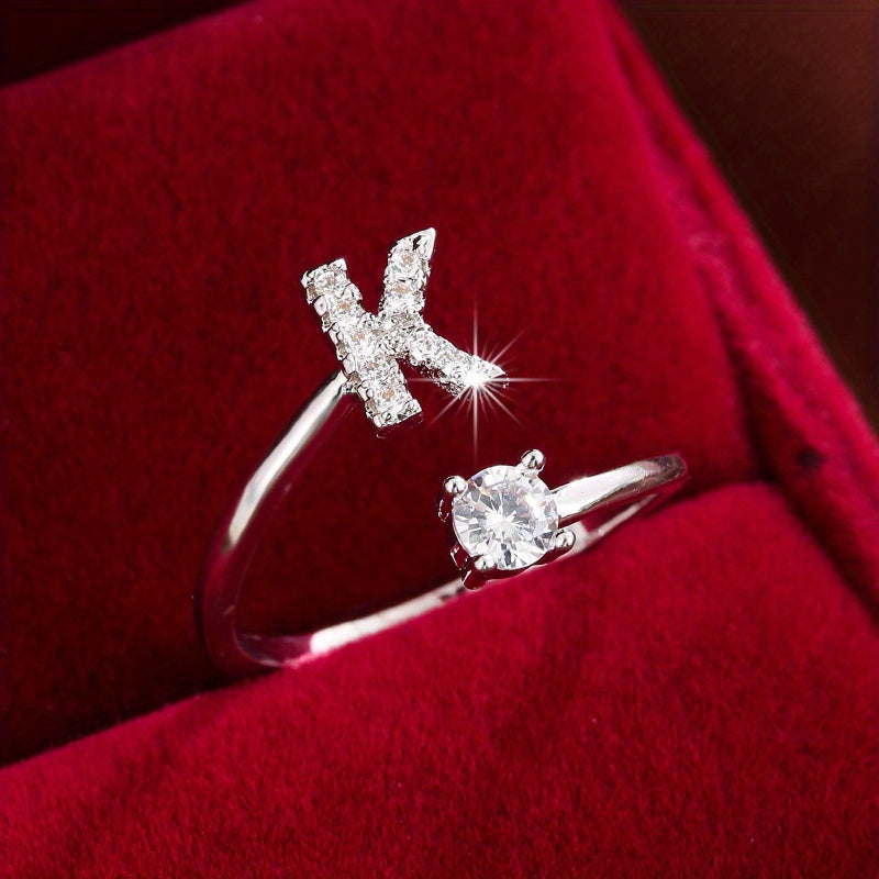 Fashionable 26 English Letters Four-Prong Synthetic Synthetic Zirconia Open Adjustment Ring