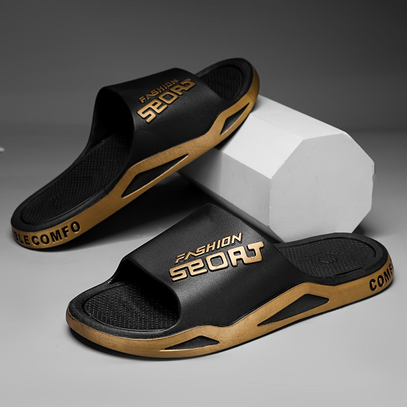 Men's Alphabet Print Fashion Slides, Casual Non Slip Slippers, Open Toe Shoes For Indoor Outdoor Beach Shower, Spring And Summer