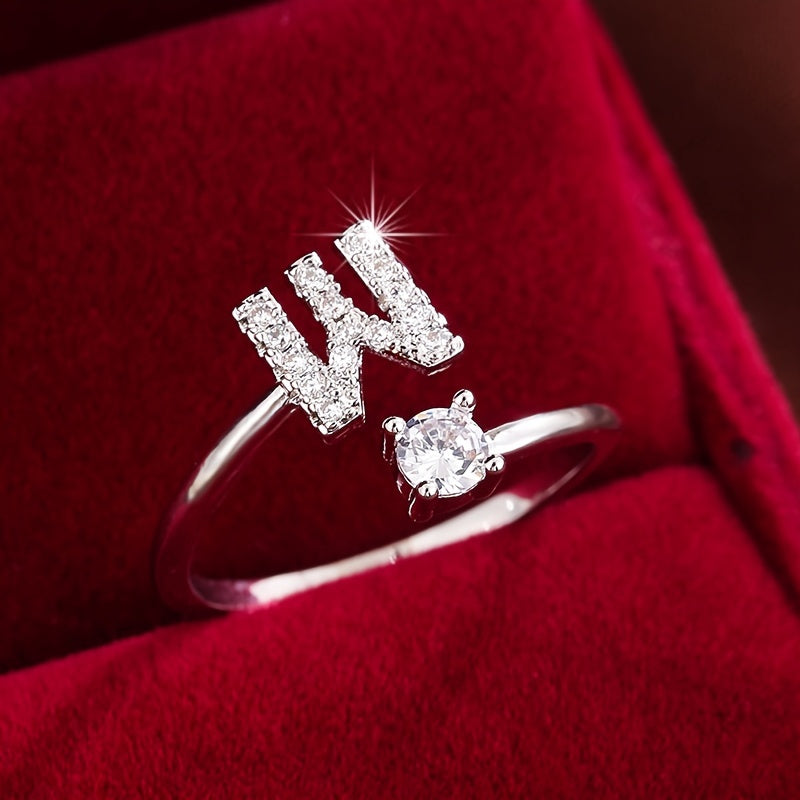 Fashionable 26 English Letters Four-Prong Synthetic Synthetic Zirconia Open Adjustment Ring