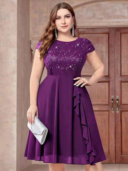 Women'S Plus-Size Chiffon Dress with Sequin Patchwork