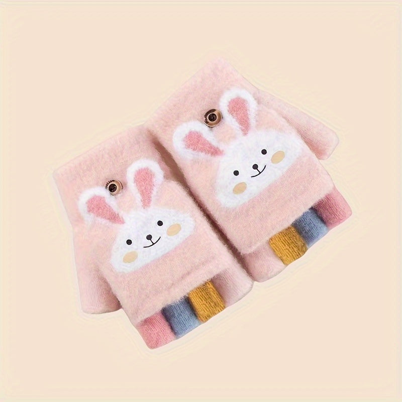 Cozy & Cute Cartoon Girls' Winter Gloves - Warm, Cold-Proof Flip Top Design for Writing and Skiing, Polyester Blend, Hand Washable