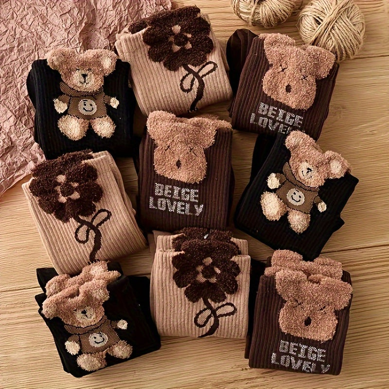 3 Pairs Women'S Mid-Calf Socks with Cartoon Bear & Floral Design - Ribbed, Soft Polyester Blend, Brown & Black, Perfect for Fall & Winter, Cute Socks