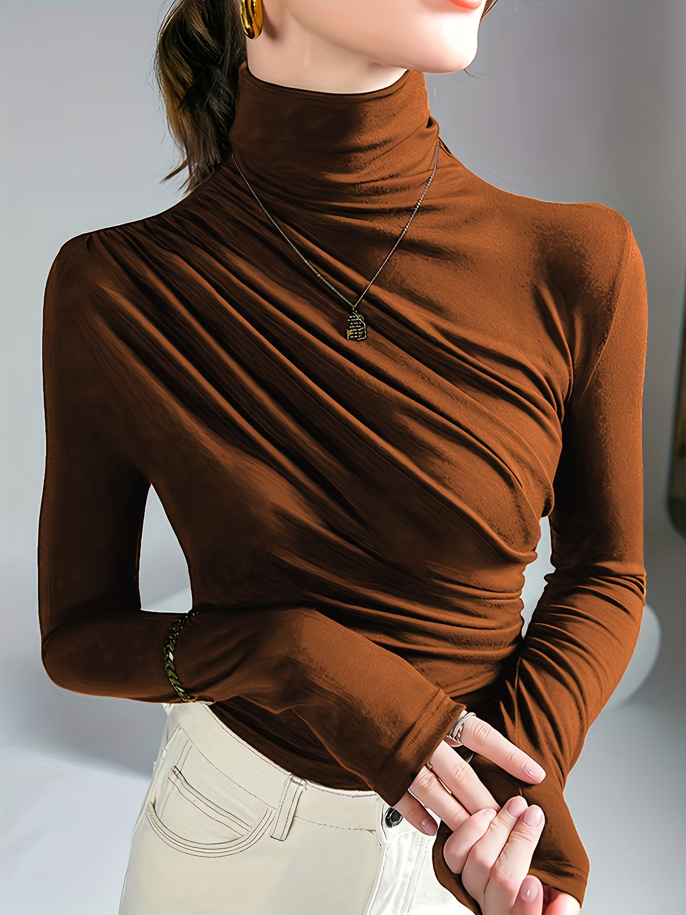 Women's Elegant High Neck Long Sleeve Top with Chest Wrinkle Detail - Solid Color Machine Washable Spring/Fall Layering Essential, Versatile Casual to Formal Shirt, Ladies Long Sleeve Tops, Spring Fashion, Sophisticated Style, Durable Material, Stylish Bl