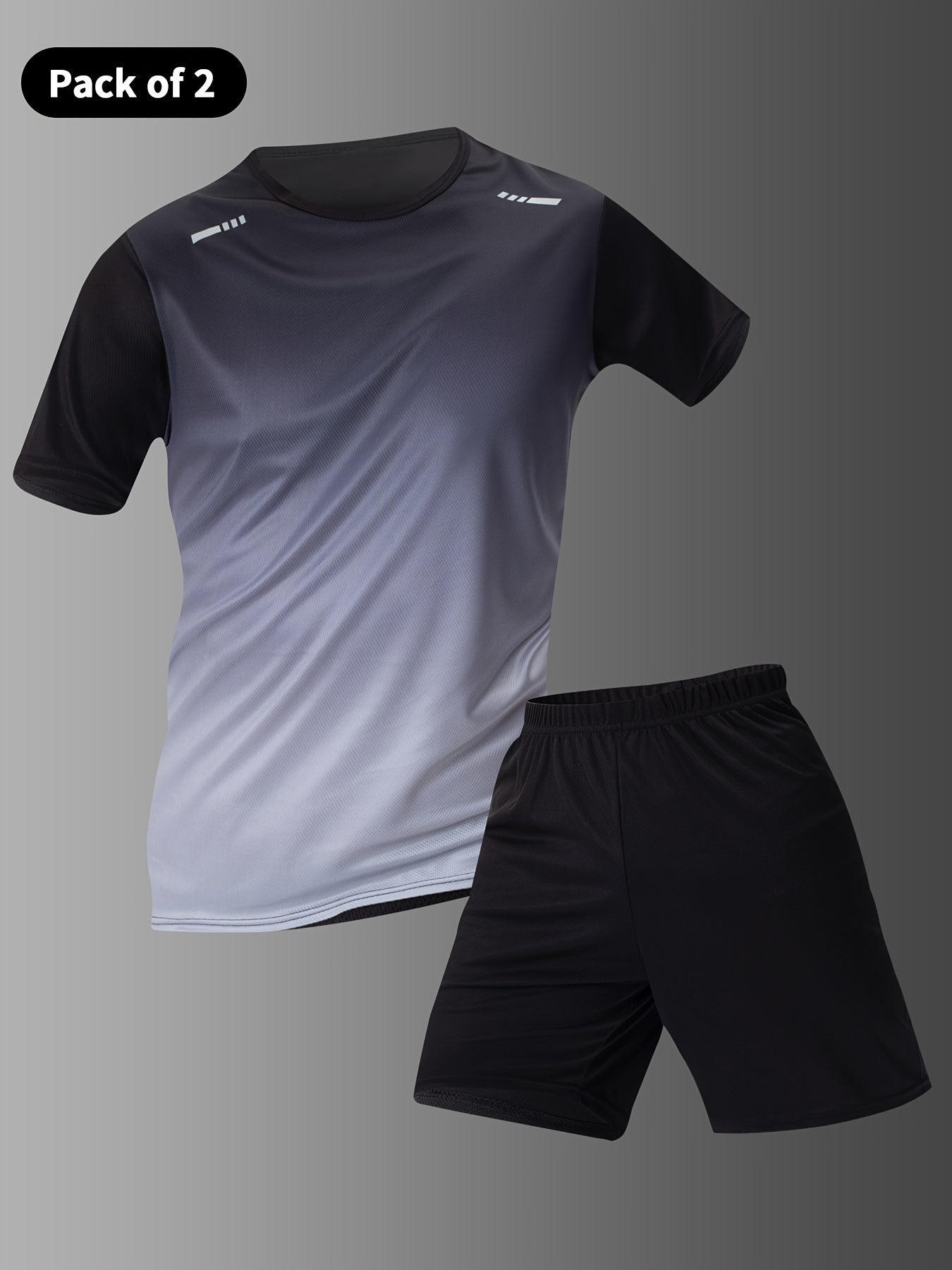 2-piece Men's Casual Sportswear Set, Gradient Short Sleeve Crew Neck T-shirt & Solid Elastic Waist Shorts For Summer Sports Activities
