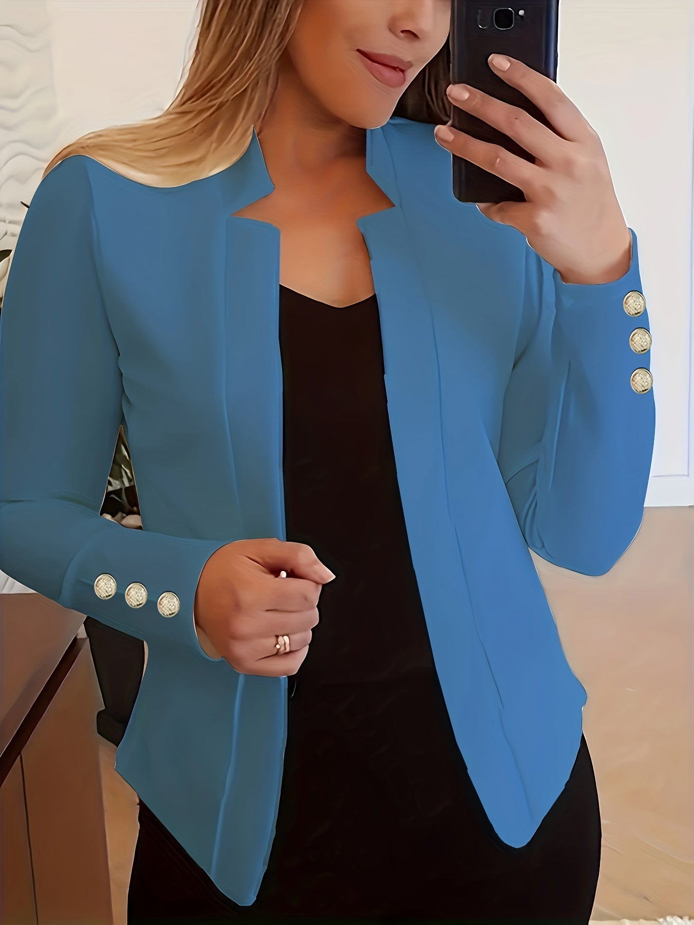 Solid Open Front Blazer, Casual Long Sleeve Button Blazer For Office & Work, Women's Clothing