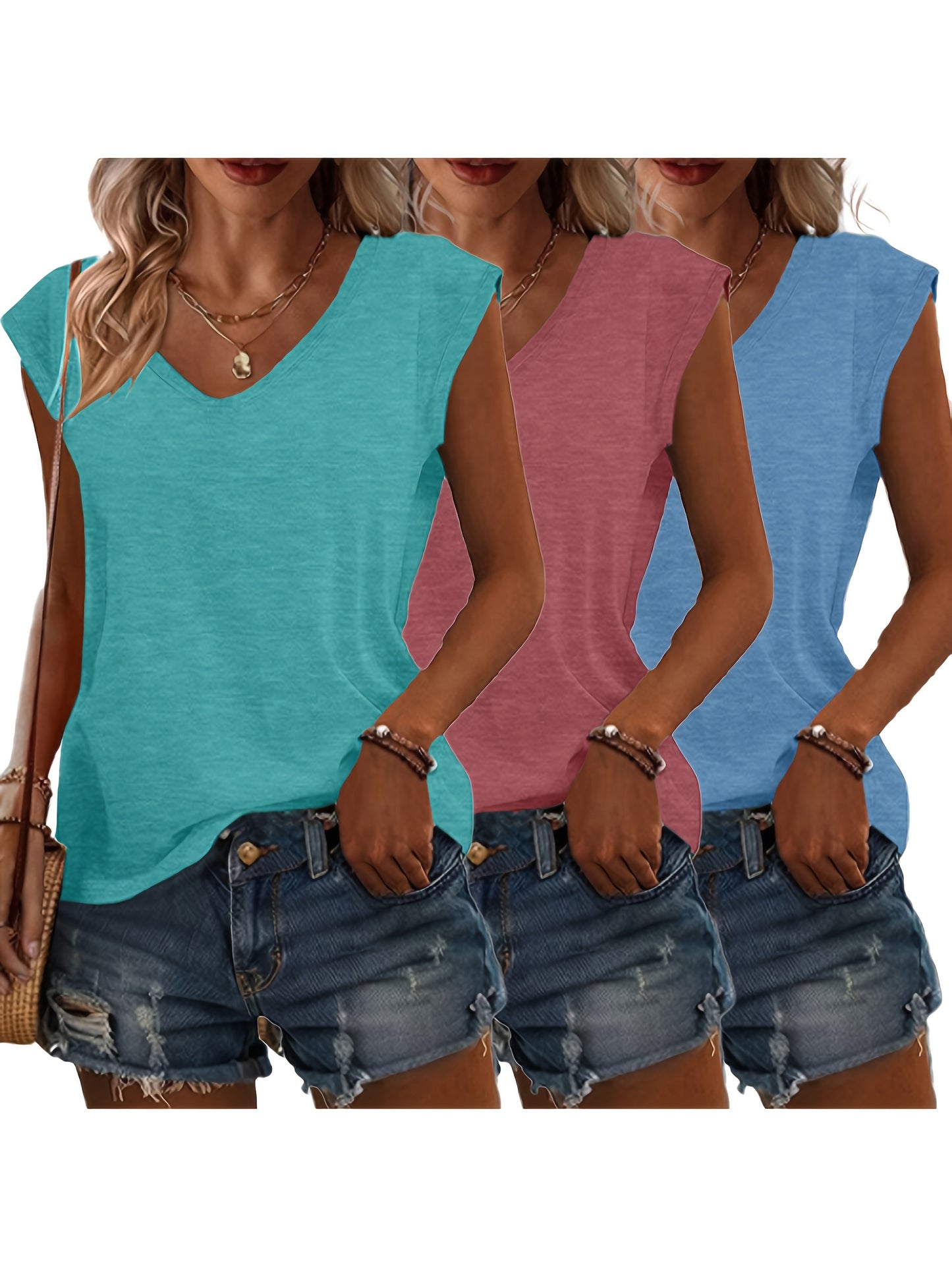 3pcs Spring/Summer New Solid Color No-Print V Neck Loose Casual Tops, Comfortable Fashion Machine Wash - Suitable for Daily and Home Use